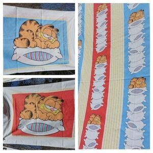 70's Vintage Garfield Twin Bed Flat Sheet Wabasso Cartoon Cat + 2 Pillows Case